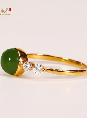 天然和田玉碧玉蛋面戒指18k指环