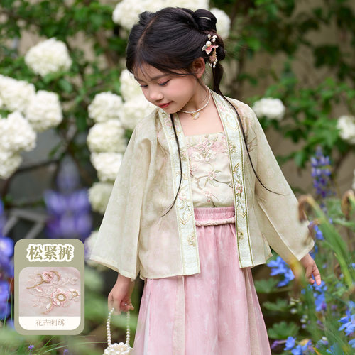 十三余童装【杏花约】对襟衫植绒吊带渐变印花宋裤汉元素女童套装 - 图1