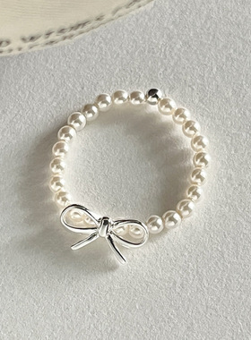925纯银珍珠蝴蝶结戒指女简约