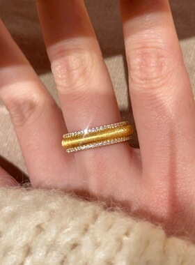 越南沙金拉丝点钻精致双排钻戒指女仿真金小众轻奢高级感指环礼物