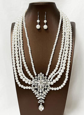韩式优雅气质闪耀镶钻多层珍珠项链耳环高端复古华丽礼服舞台配饰