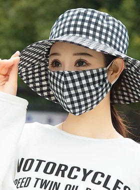 夏季新款口罩一体防晒帽遮阳大沿干活紫外线采茶太阳渔夫帽女妈妈