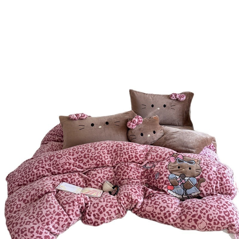 可爱卡通KT牛奶绒四件套法兰绒珊瑚绒被套床单床笠床上用品三件套 - 图3