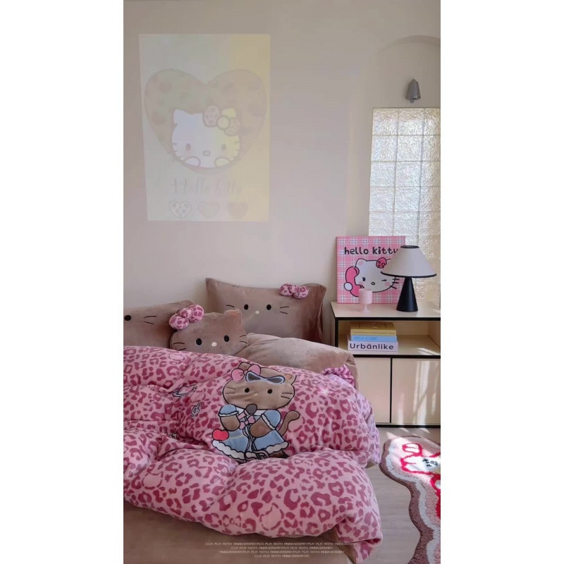 可爱卡通KT牛奶绒四件套法兰绒珊瑚绒被套床单床笠床上用品三件套 - 图0