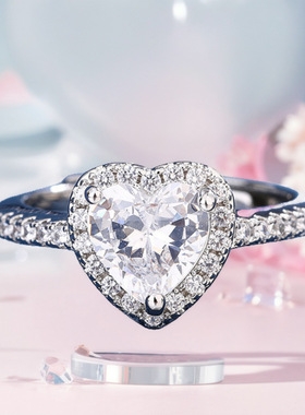 2025跨境欧美新款粉色爱心白金女戒锆石镶嵌潮流满钻指环