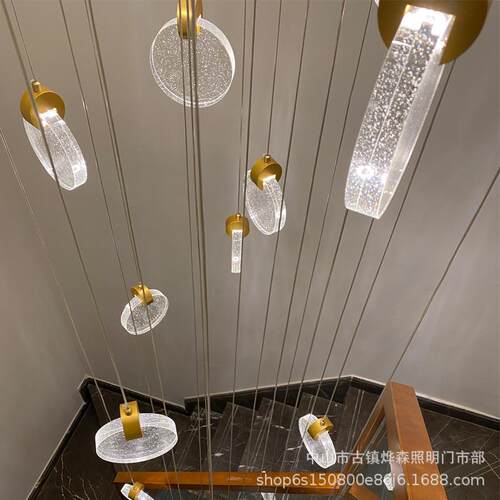 楼梯吊灯长吊灯轻奢别墅后现代北欧挑高跃层客厅loft复式圆水晶灯 - 图2
