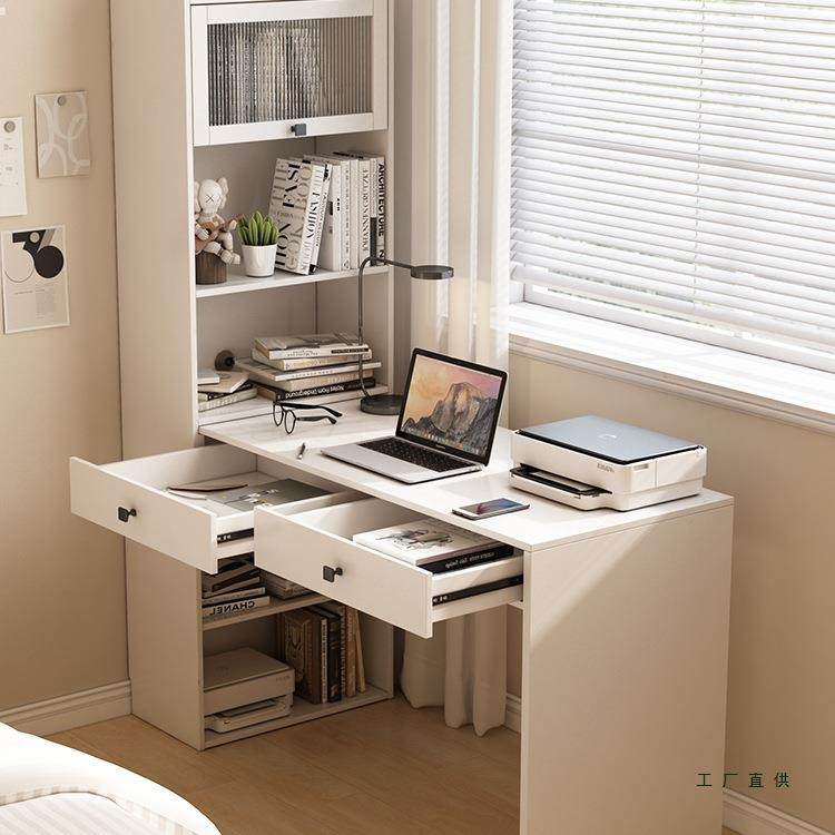新款可伸缩书桌书架带书柜一体梳妆台小户型卧室家用奶油风电脑桌,淘宝优惠券,粉丝福利购,淘宝优惠卷