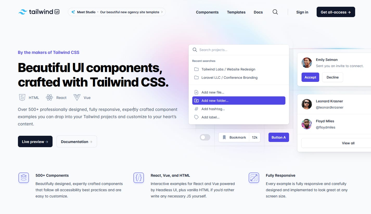 Tailwind UI 前端组件库 网站落地页模板框架 CSS React Vue3 - 图1