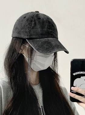 棒球帽女秋冬季新款大头围宽檐灰色水洗做旧牛仔显脸小鸭舌帽子男