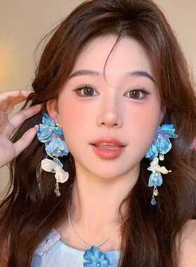 森系显白夏日绿色花朵耳钉女小众