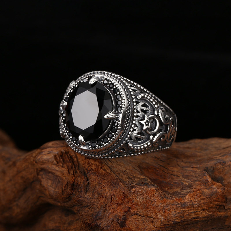 S925 silver men's retro black stone open ring