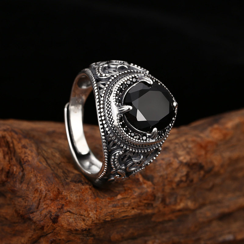 S925 silver men's retro black stone open ring