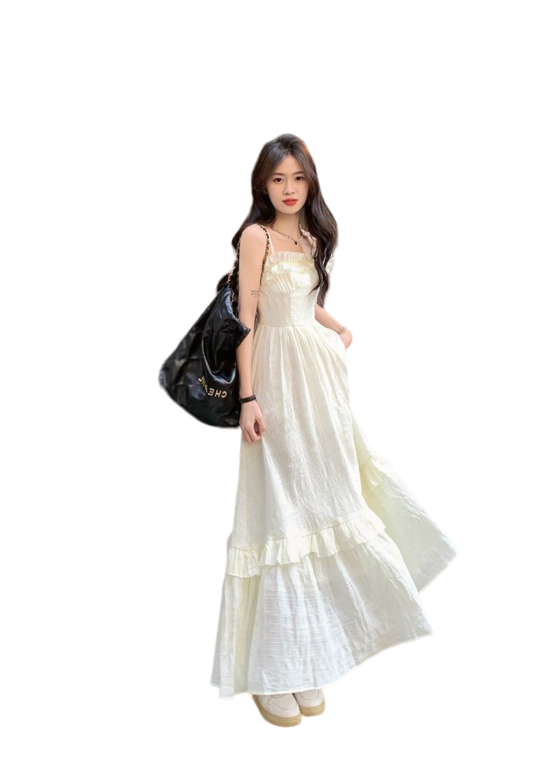 法式仙女白色吊带连衣裙女夏季2024新款收腰纹理木耳边高级感长裙