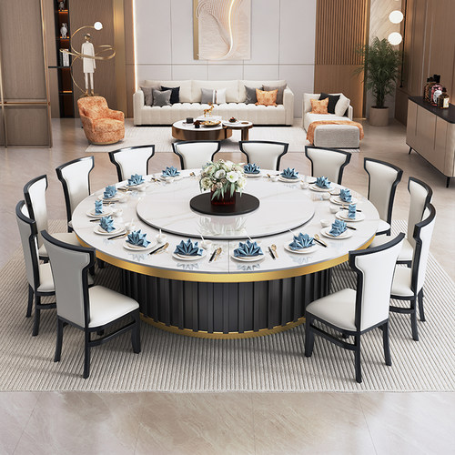 酒店餐桌大圆桌电动岩板转盘轻奢电磁炉火锅家用宴会桌1.8米20人 - 图0