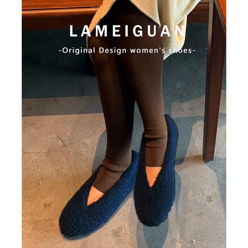 羊毛版！气质保暖平底芭蕾毛毛鞋女冬2025新款蓝色复古加绒棉单鞋,淘宝优惠券,粉丝福利购,淘宝优惠卷