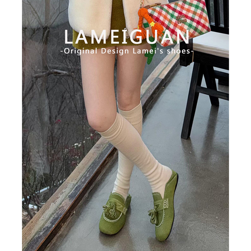 2026新款绝美设计感马毛流苏英伦乐福鞋女绿色一脚蹬深口平底单鞋,淘宝优惠券,粉丝福利购,淘宝优惠卷