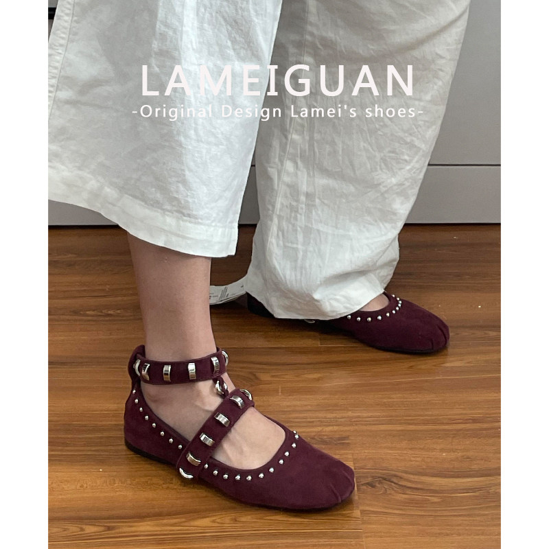 复古铆钉圆头芭蕾玛丽珍鞋女春2026新款红色气质法式浅口平底单鞋,淘宝优惠券,粉丝福利购,淘宝优惠卷