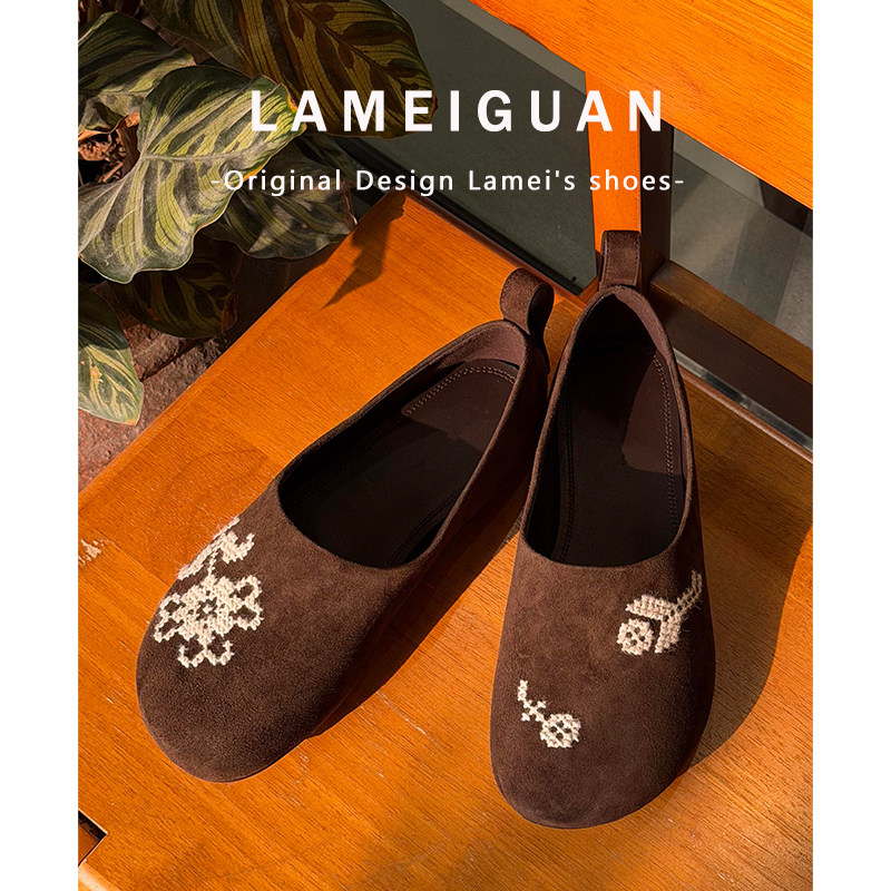 牛皮版！复古设计感刺绣乐福鞋豆豆鞋女2025新款真皮平底深口单鞋,淘宝优惠券,粉丝福利购,淘宝优惠卷