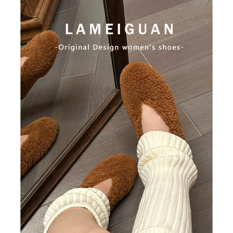 羊毛版！气质保暖平底芭蕾毛毛鞋女冬2025新款蓝色复古加绒棉单鞋,淘宝优惠券,粉丝福利购,淘宝优惠卷