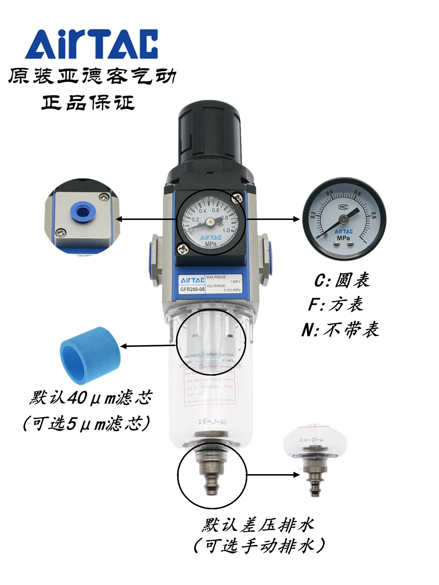 原装气源调压过滤器GFR200-08-L-J-F1/C1/N-W-K GFR20008F1 - 图0