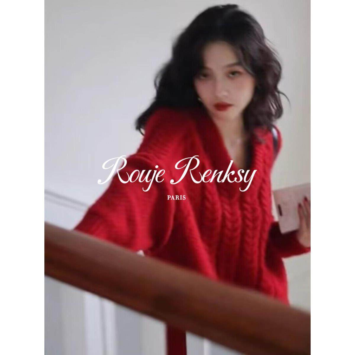 法国Rouje Renksy法式宽松慵懒红色毛衣女秋冬复古v领麻花针织衫,淘宝优惠券,粉丝福利购,淘宝优惠卷