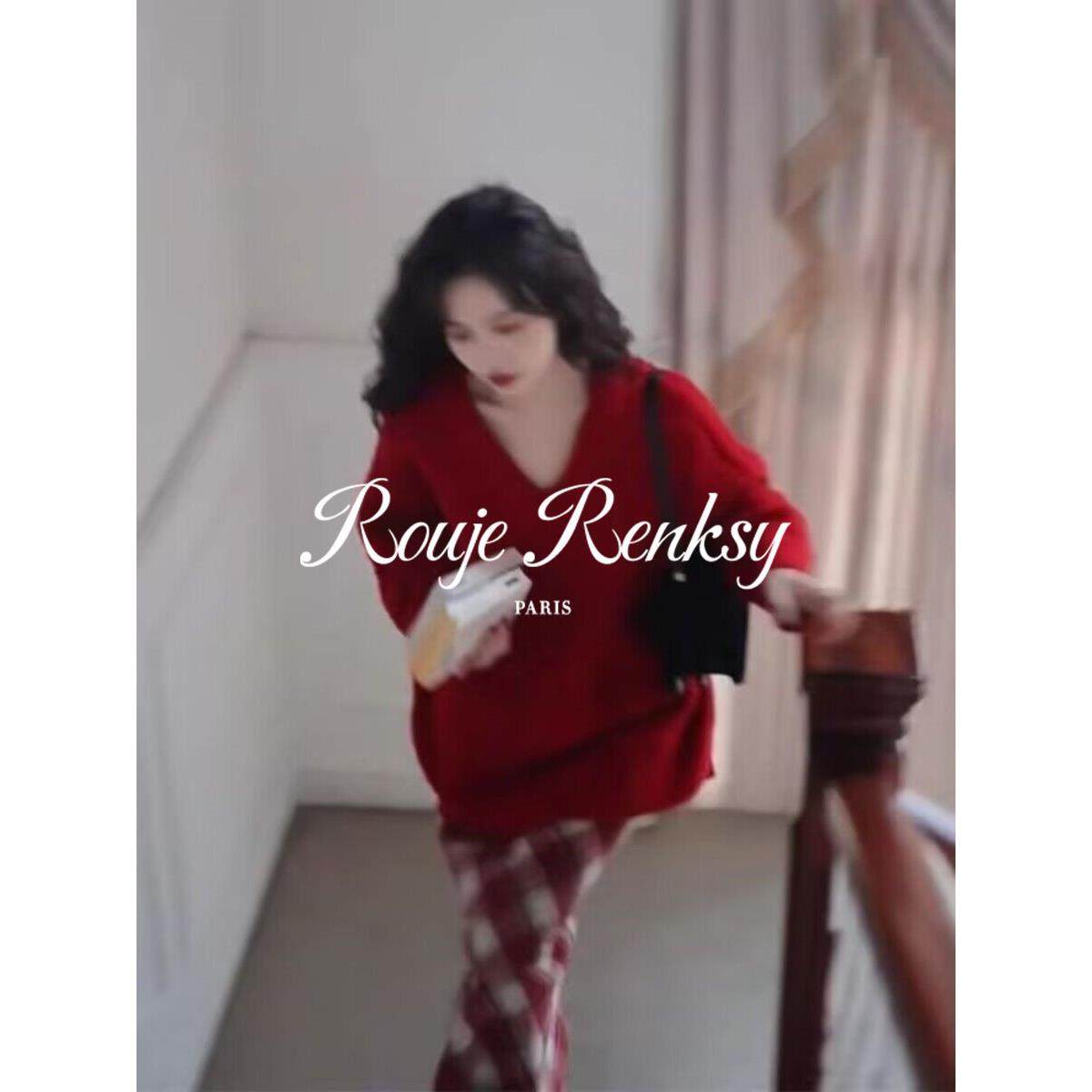 法国Rouje Renksy法式宽松慵懒红色毛衣女秋冬复古v领麻花针织衫,淘宝优惠券,粉丝福利购,淘宝优惠卷