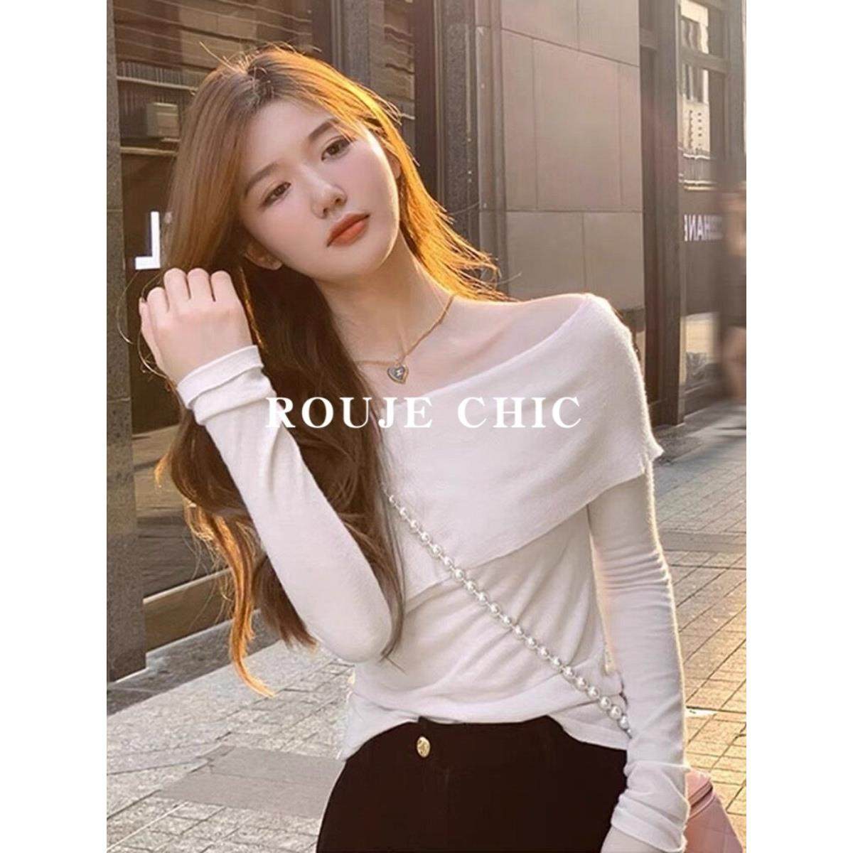 法国ROUJE CHIC秋季甜美风多巴胺粉色一字领露肩针织衫女纯欲毛衣,淘宝优惠券,粉丝福利购,淘宝优惠卷