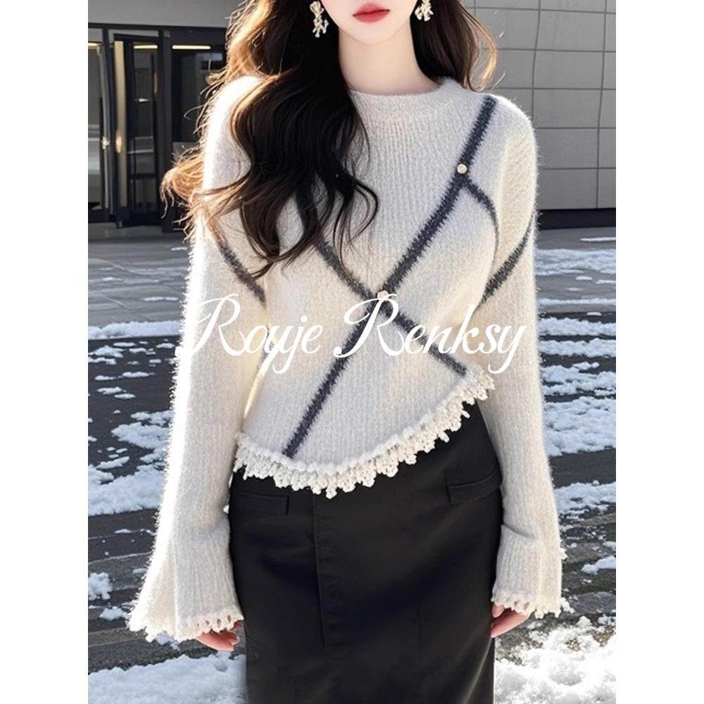 法国rouje renksy法式软糯花边流苏喇叭袖针织衫女秋冬季气质毛衣,淘宝优惠券,粉丝福利购,淘宝优惠卷