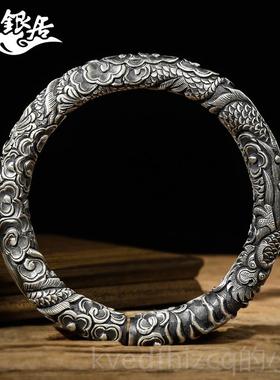 新款祥旧银花居云雪银 原创设计穿云龙足银手镯古法做高工浮南雕.