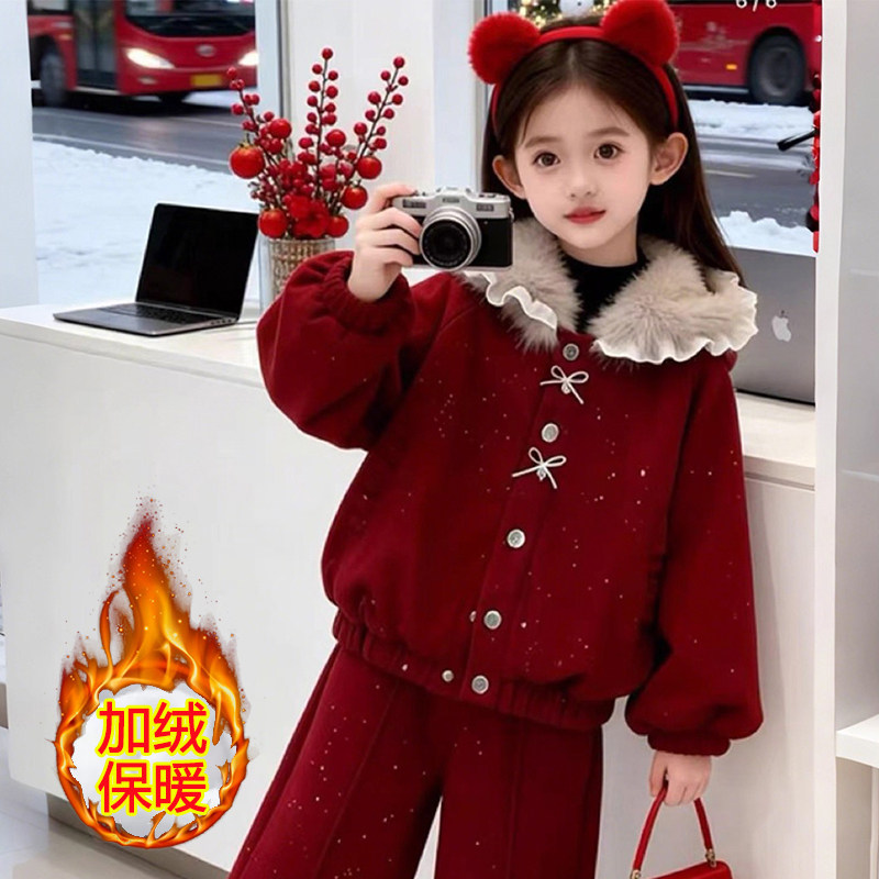女童冬季加绒洋气两件套拜年服带帽长袖外套外穿童装儿童拜年服装,淘宝优惠券,粉丝福利购,淘宝优惠卷