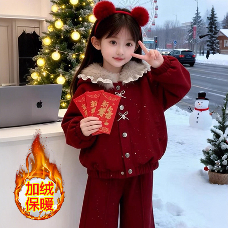 女童冬季加绒洋气两件套拜年服带帽长袖外套外穿童装儿童拜年服装,淘宝优惠券,粉丝福利购,淘宝优惠卷