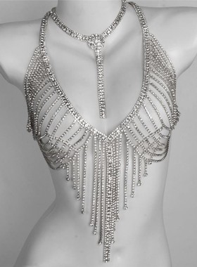 欧美个性闪亮满钻流苏身体链重工风走秀舞台水钻夸张项链胸链套装
