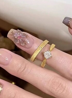 中古金色拉丝小方钻星芒戒指女30