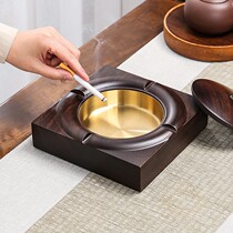 High-end ashtray Creative personality Trend Living room Home Black sandalwood solid wood with cover Anti-fly ash Chinese metal copper system