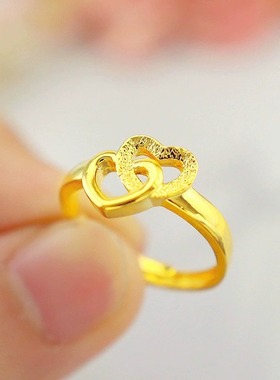 复古双心镀金沙金饰品女爱心磨砂开口女金色戒指批发不易掉色
