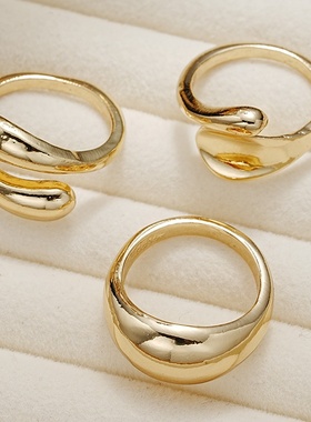 欧美热销时尚金色不规则开口小众潮流戒指3件套个性气质食指戒女