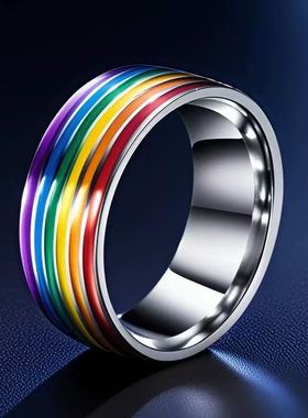 欧美男款不锈钢戒指彩虹指环彩色简约时尚个性钛钢戒指 指环批发