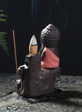 倒流香炉创意紫砂小和尚高山流水熏炉陶瓷工艺品香道家居办公摆件