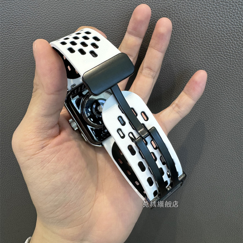 适用oppowatch4pro/X手表表带硅胶oppowatch3pro双色洞洞磁吸折叠扣oppo官方watch2春夏男女智能配件透气腕带