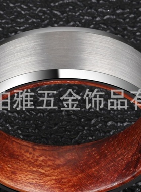 2025跨境钨钢男戒经典倒角8MM钢色实心实木内圈戒指赠女友礼物