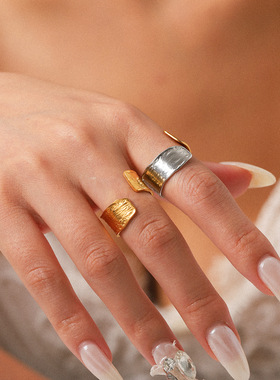 跨境平台专供手饰批发不锈钢开口戒指不掉色简约设计金银拼色
