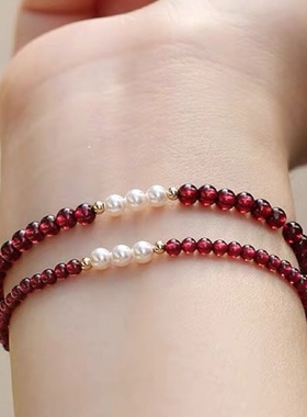 新中式仿石榴石玻璃手链女小众送闺蜜简约珍珠手串小礼物配饰