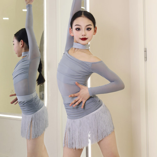 2026新款拉丁舞服女童春夏套装高级感流苏长袖分体练功服包臀专业 - 图0
