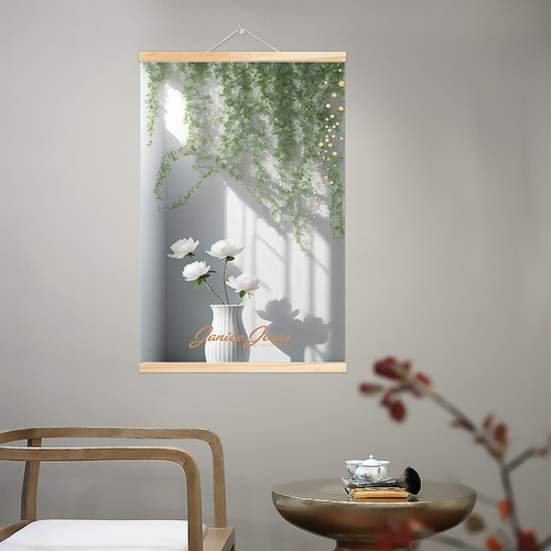 现代简约温馨植物花卉光影实木卷轴挂画花瓶玄关客厅入户门装饰画 - 图1