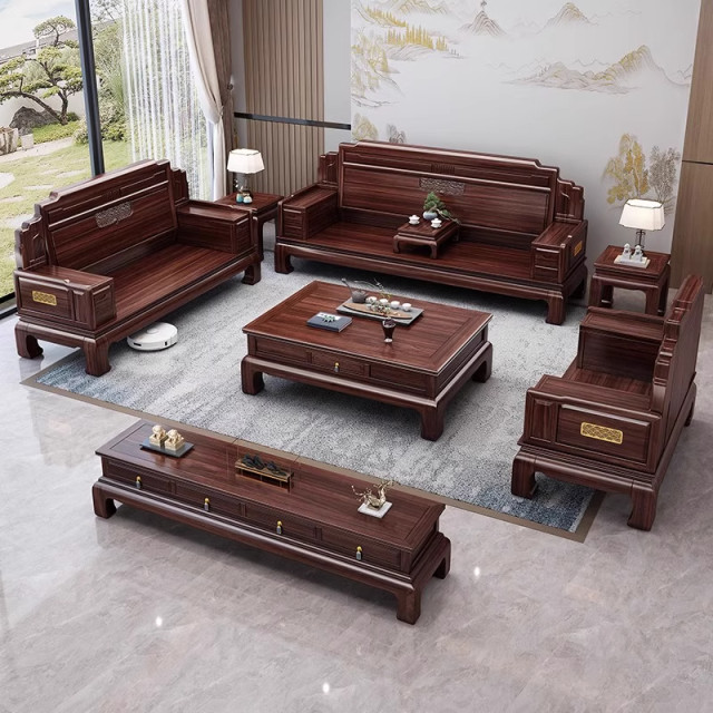 New Chinese style black gold solid wood sofa combination carving