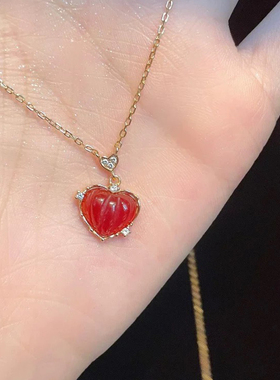 「甜心」小红心爱心简约复古个性纯银红色玛瑙纯银锁骨项链女