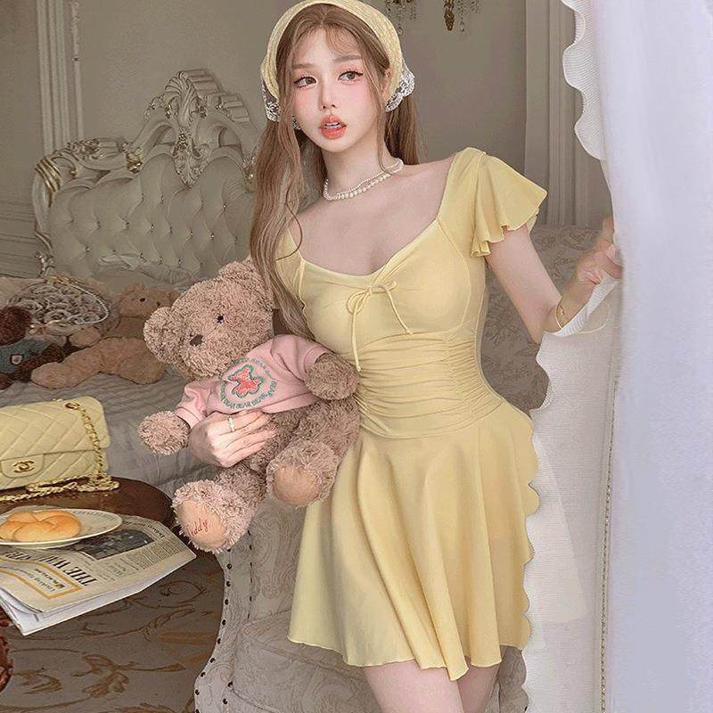 泳衣女款连体纯色甜美裙式保守显瘦修身遮肉遮肚学生温泉泳衣,淘宝优惠券,粉丝福利购,淘宝优惠卷