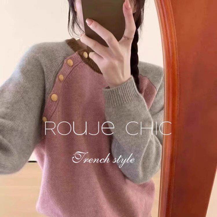 法国rouje chic法式插肩袖斜扣加厚浣熊绒针织衫毛衣女秋冬季上衣,淘宝优惠券,粉丝福利购,淘宝优惠卷