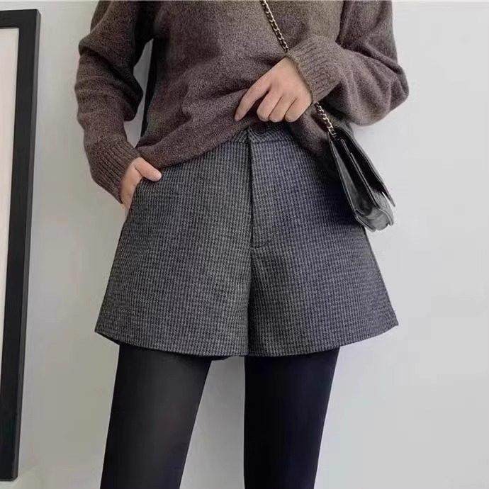 ROUJE NAIVE毛呢短裤女春秋季大码高腰宽松显瘦a字阔腿千鸟格靴裤,淘宝优惠券,粉丝福利购,淘宝优惠卷