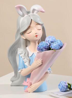 树脂工艺品向日葵捧花女孩摆件家居玄关客厅装饰抱花插花干花摆件